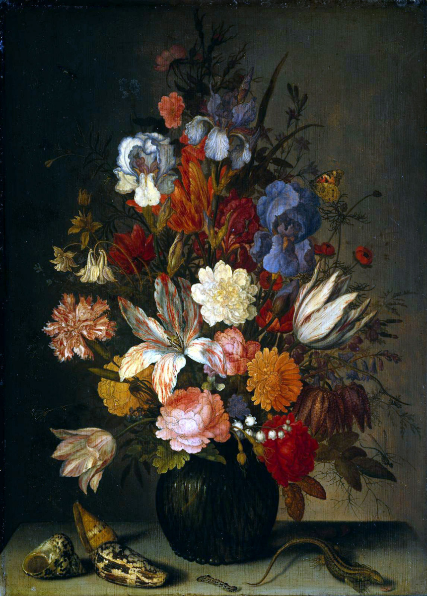 Balthasar van der Ast. Still life with flowers, shells and a lizard