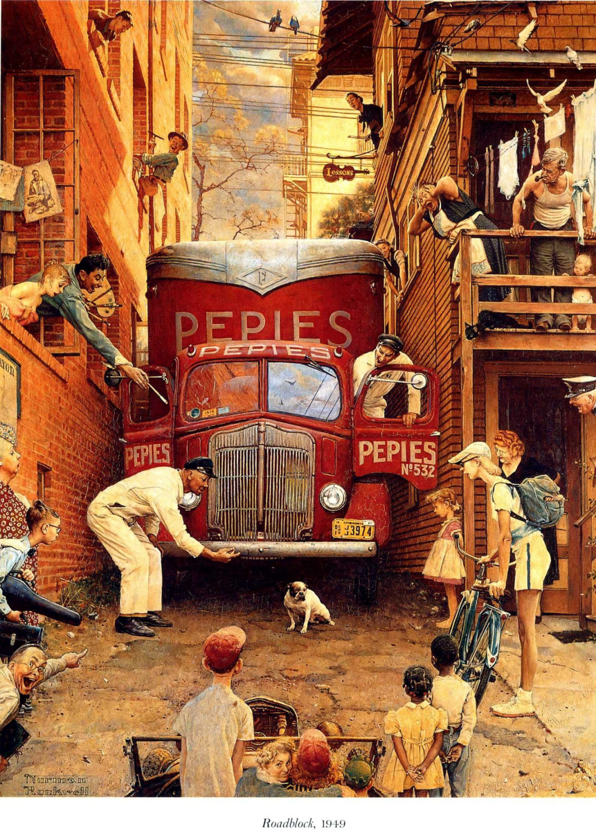 Norman Rockwell. Roadblock. Cover of "The Saturday Evening Post" (July 9, 1949)