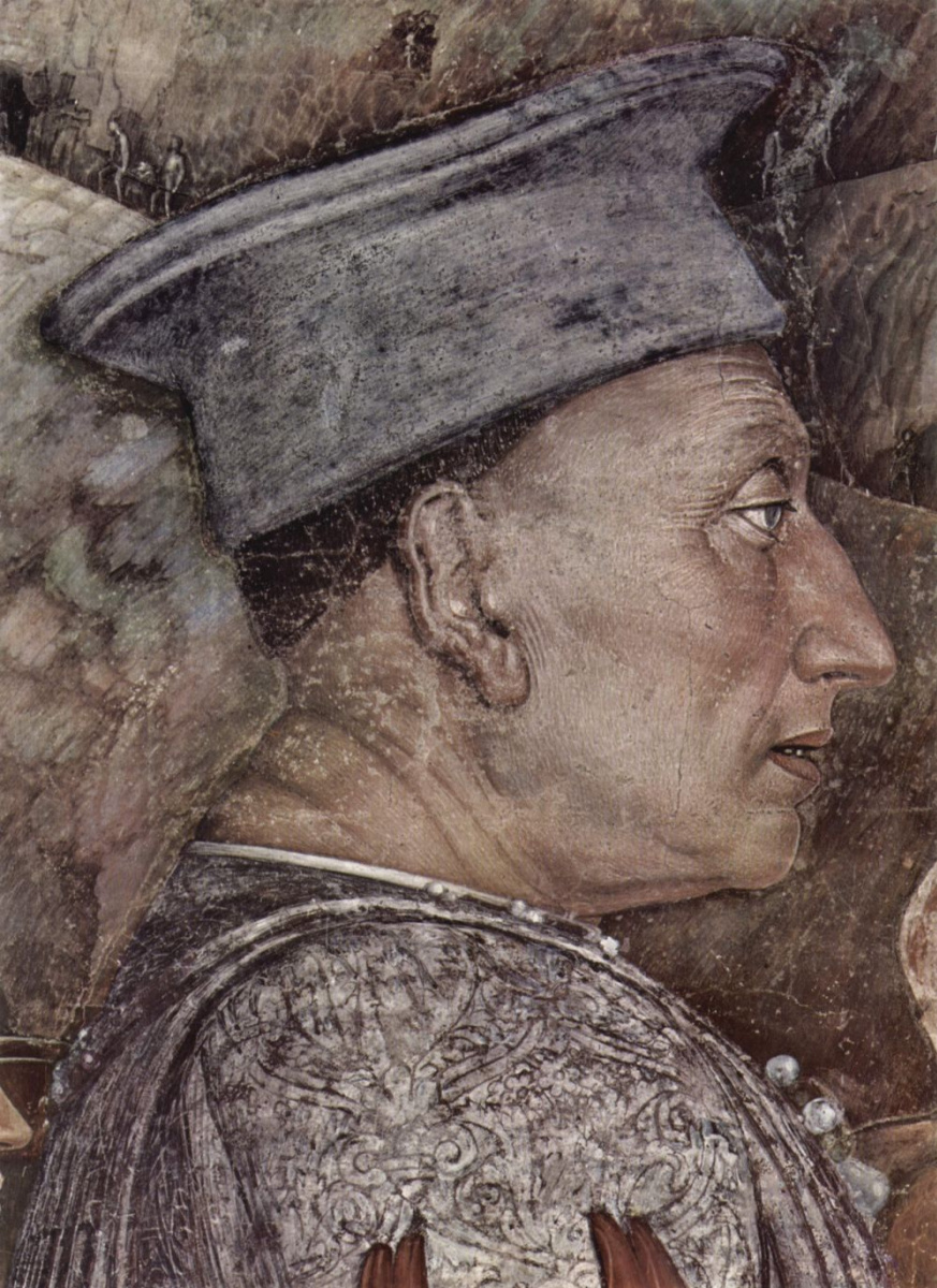 Andrea Mantegna. Meeting of Duke Lodovico Gonzaga and cardinal Francesco Gonzaga, a fragment of Duke Ludovico Gonzaga. Camera degli Sposi