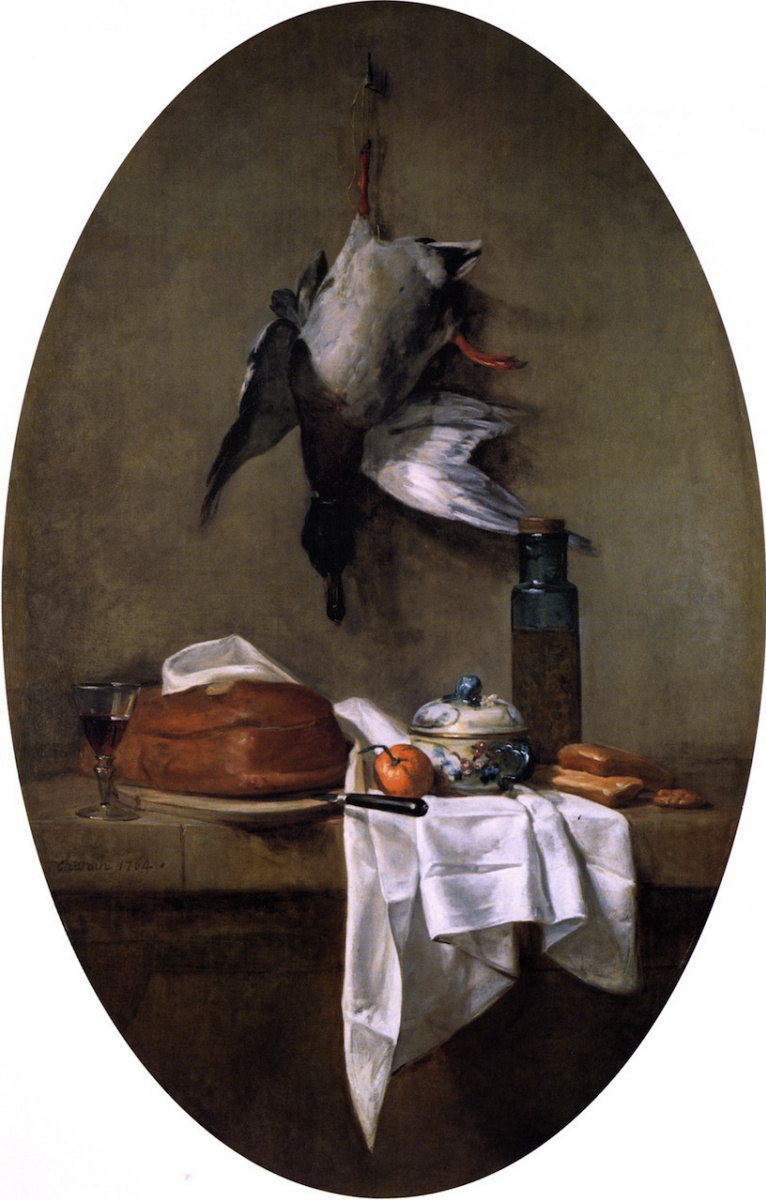 Jean Baptiste Simeon Chardin. Still life with duck and olive oil (oval)