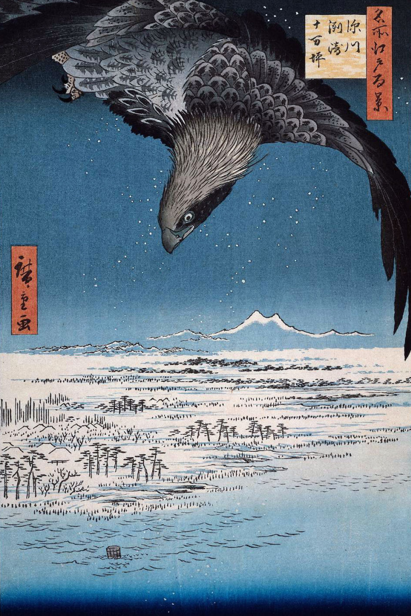 Utagawa Hiroshige. Soaring eagle over Fukagawa Susaki, Juman-tsubo. The series "100 famous views of Edo"