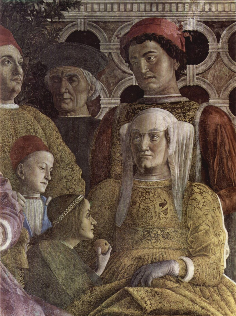 Andrea Mantegna. The court of Gonzaga, fragment: wife of the Duke of Barbara of Brandenburg, their children, Ludovico, Paula, Rodolfo and court. Camera