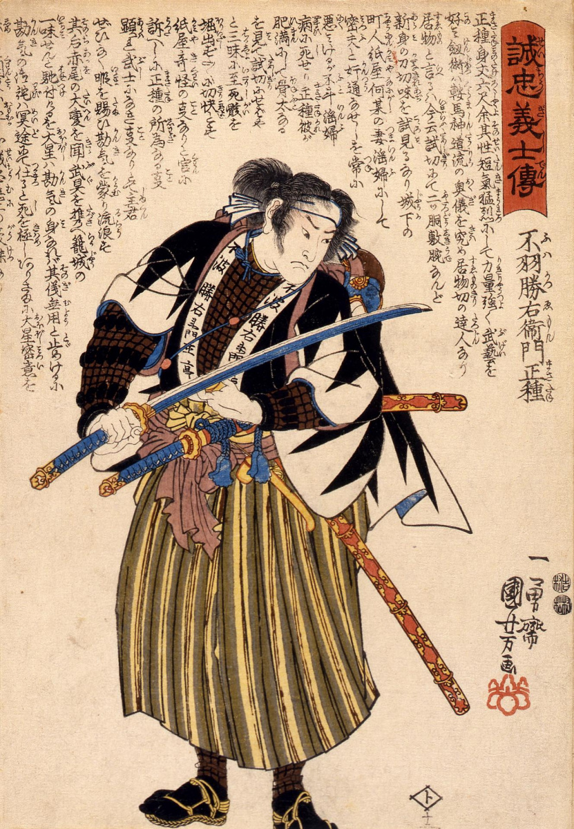 Utagawa Kuniyoshi. 47 loyal samurai. Fuwa Kazuemon, Masatane, inspecting the blade of his sword
