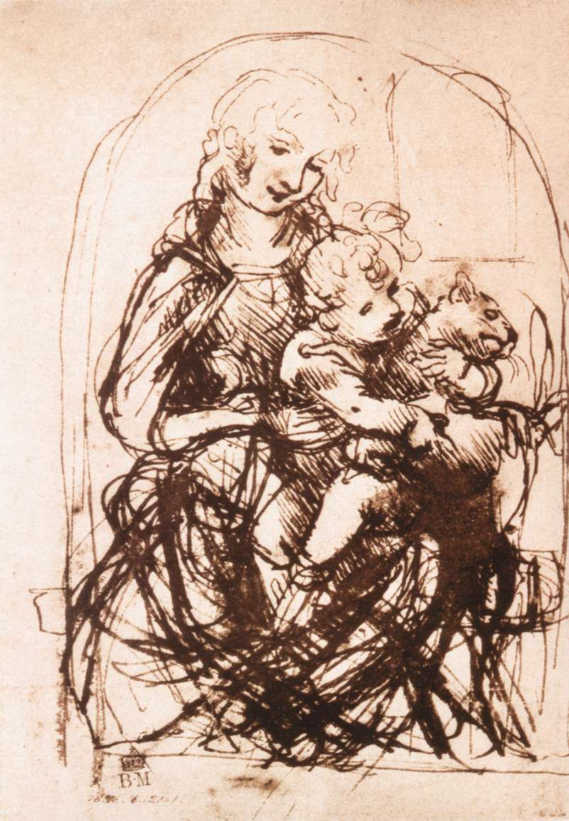Леонардо да Винчи. Мадонна с Младенцем и котом (набросок)