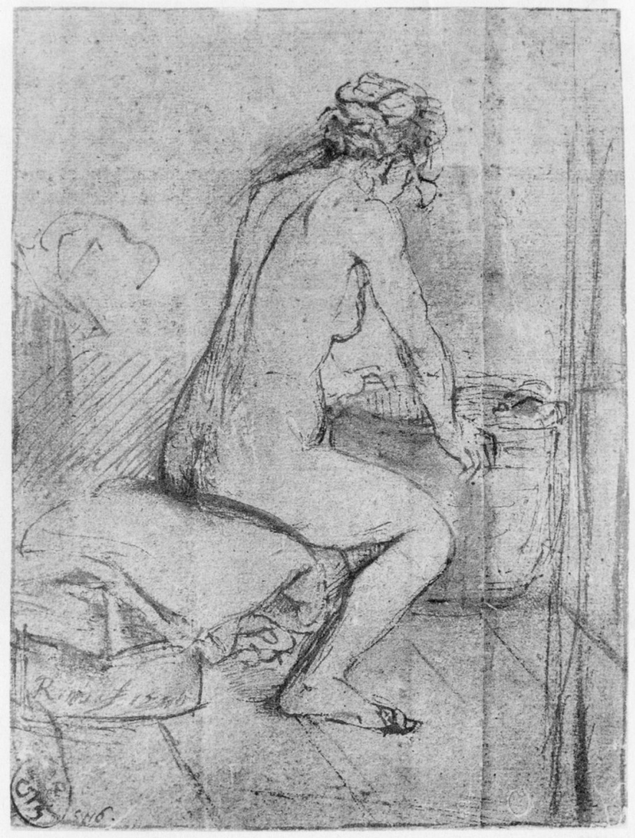 Rembrandt Harmenszoon van Rijn. Nude artist's model, leaning his hands on the cart