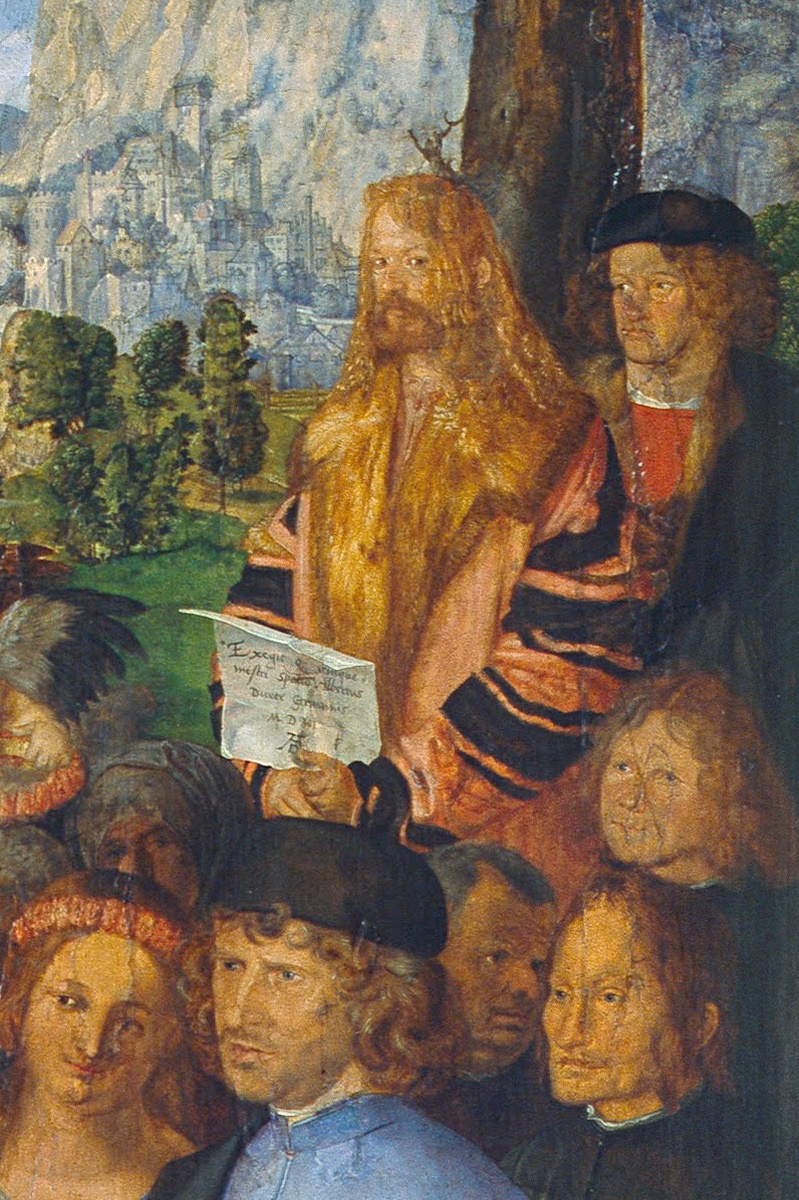 Albrecht Durer. 假的花圈的玫瑰段。 自画像