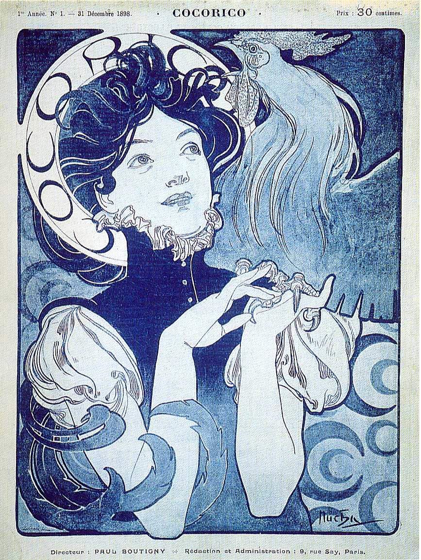 Alfons Mucha. 金鸡。法国文学杂志的封面。第一期，1898年12月