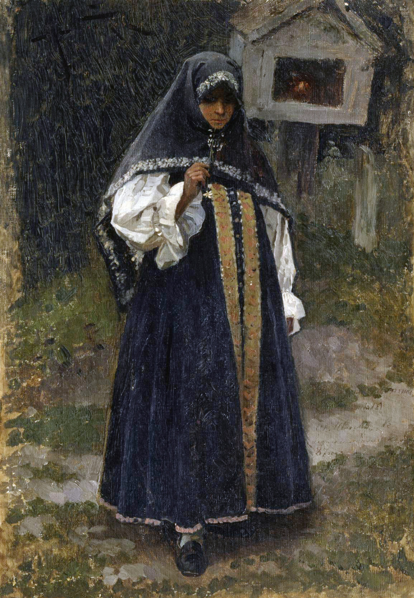 Mikhail Vasilyevich Nesterov. Ragazza di Nizhny Novgorod Studio per la seconda versione del dipinto "La sposa di Cristo", che si trova nella collezione del Granduca Sergej Aleksandrovich