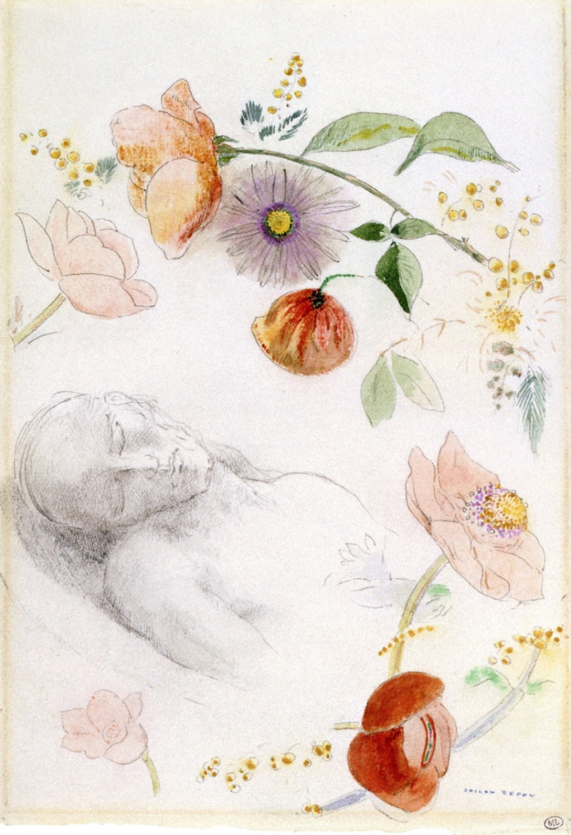Одилон Редон. Бюст человека с закрытыми глазами, окруженный цветами