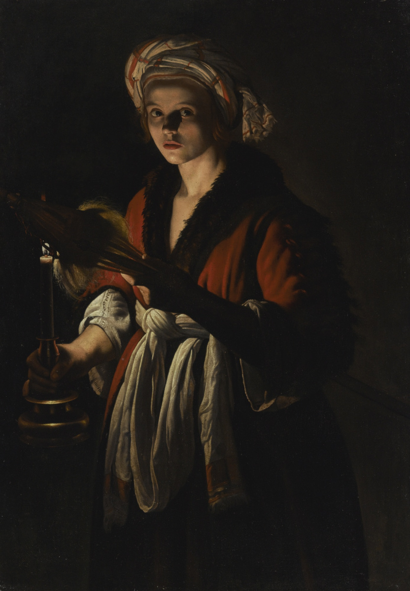 Adam De Bonfire. A young woman with a candle and a spinning wheel