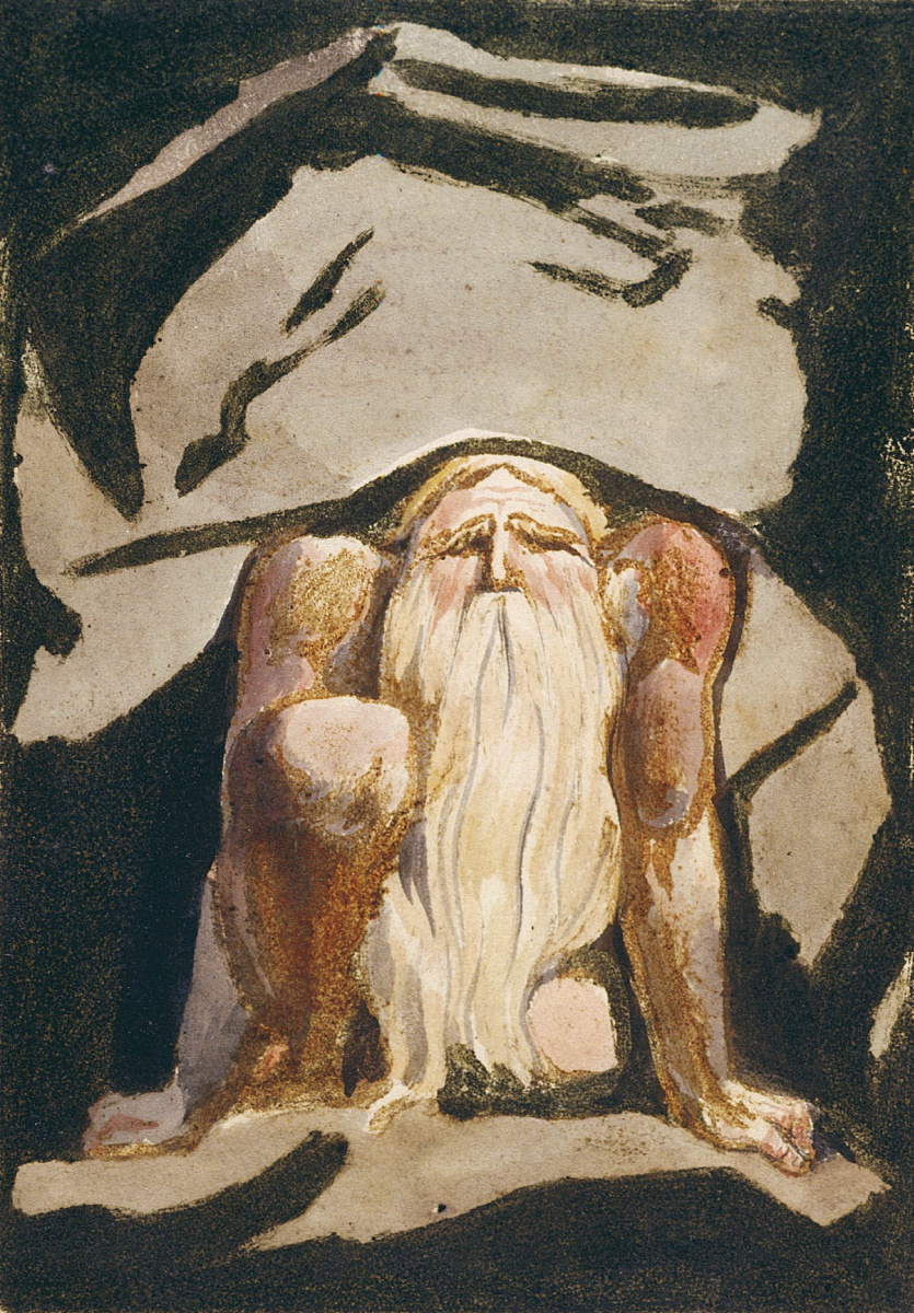 William Blake. The first book Urizen. Urizen holding the ceiling of the cave