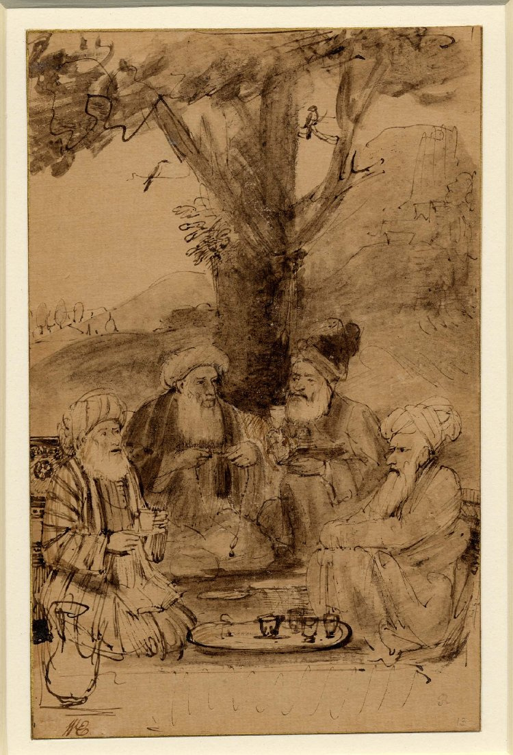 Rembrandt Harmenszoon van Rijn. Four Mughal elders seated under a tree