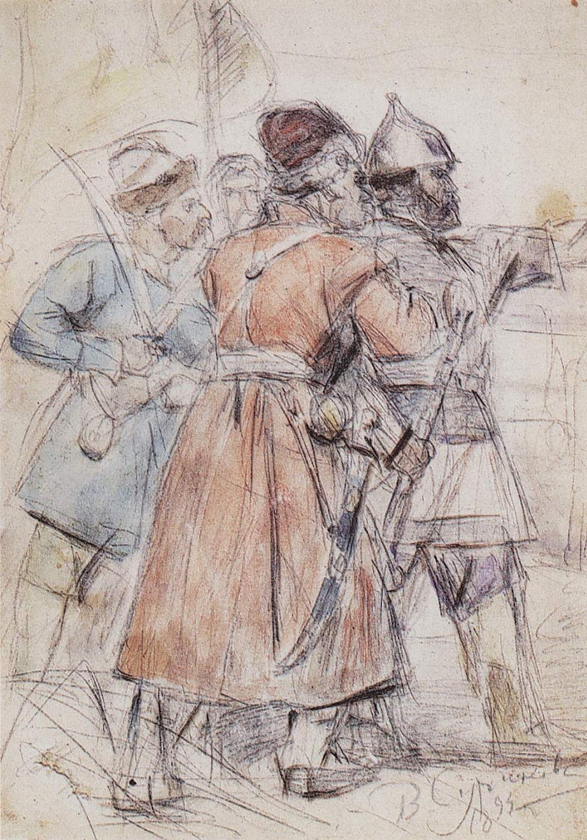 Vasily Ivanovich Surikov. Ermak and his Cossacks. A sketch of the Central group of the painting "the Conquest of Siberia by Yermak"