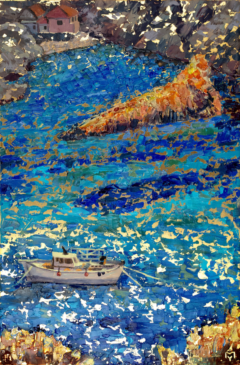 Julia Mamontova. "Blue Lagoon", brass, oil, 2020, 30x20 cm