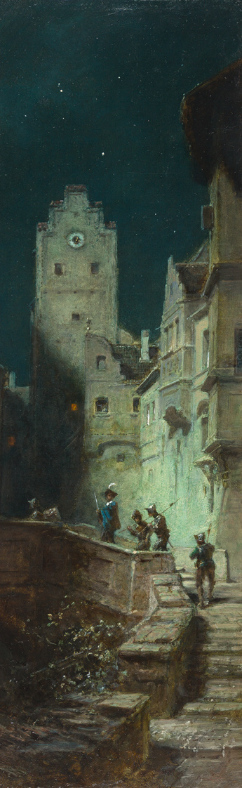 Karl Spitzweg. La guardia de la noche en la calle de la ciudad