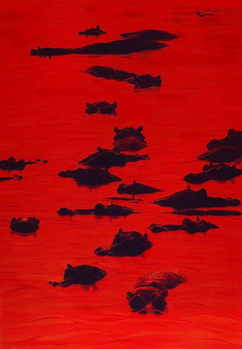 BAS. Red dawn on the river