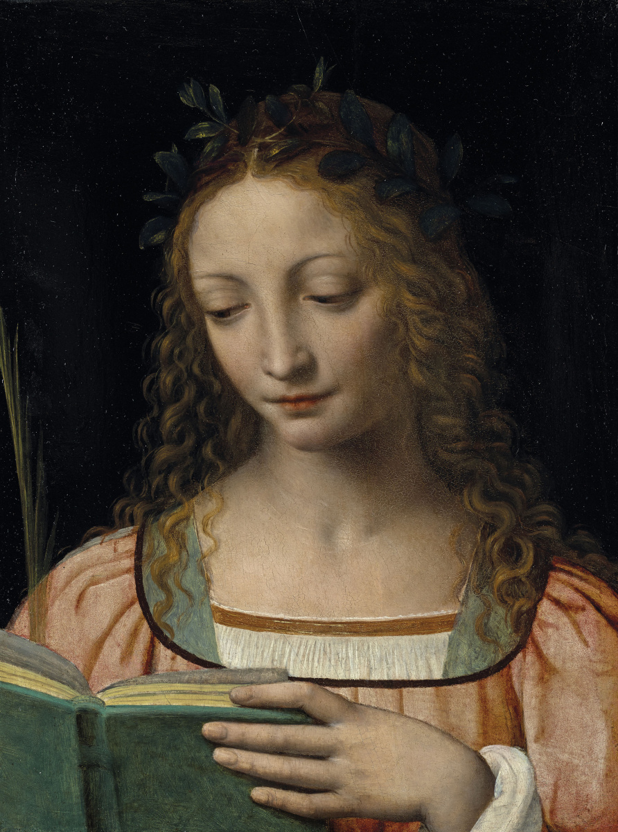 Bernardino Luini. Une figure de sainte, en buste, avec une palme et lisant les Ecritures