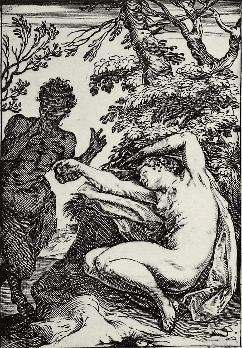 Agostino Carracci. The series of "Sensuality", a Satyr approaching a sleeping nymph