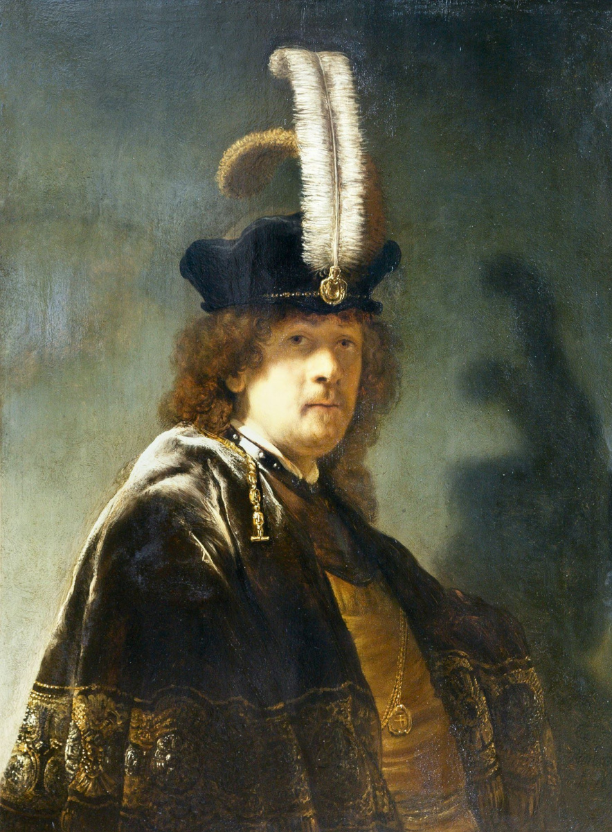 Rembrandt Harmenszoon van Rijn. Selbstporträt in einem Hut mit weißen Federn