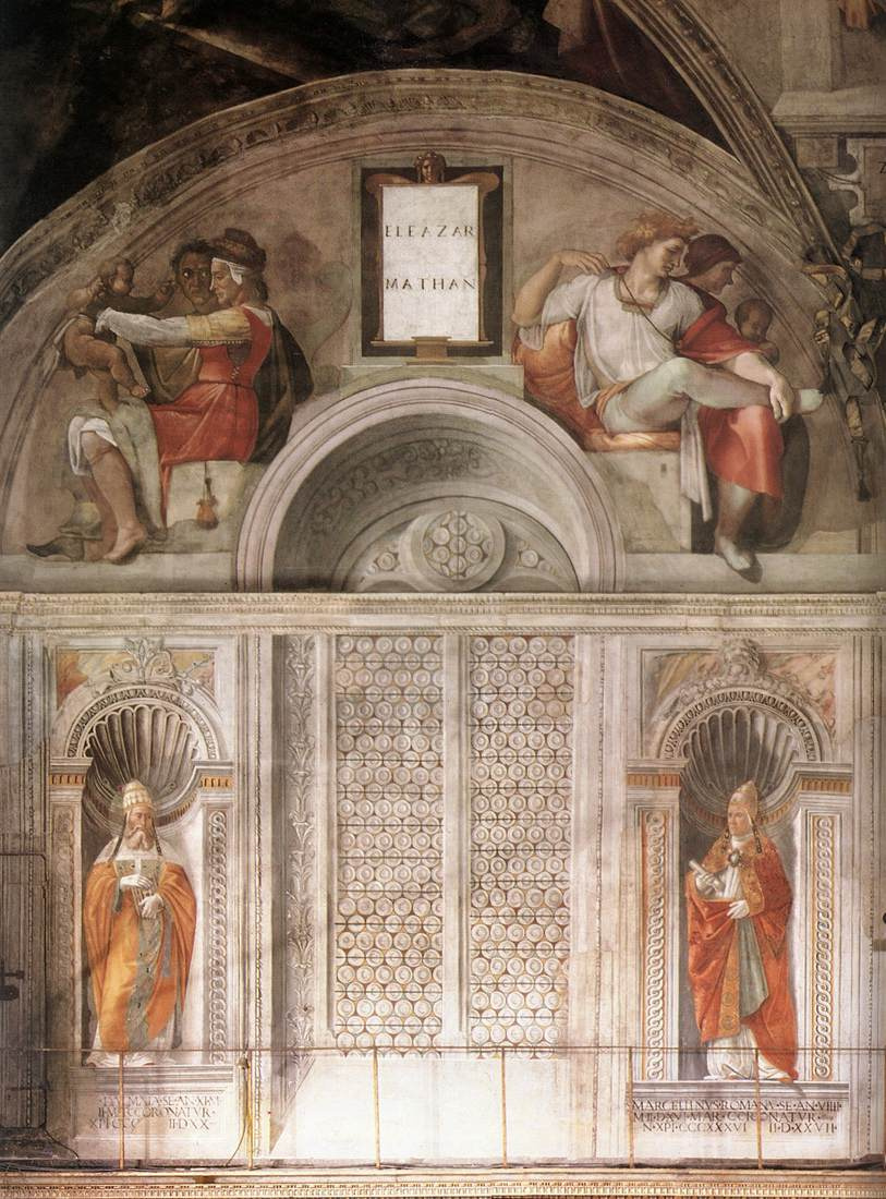 Michelangelo Buonarroti. The Sistine chapel. The ancestors of Christ Eleazar and Matthan