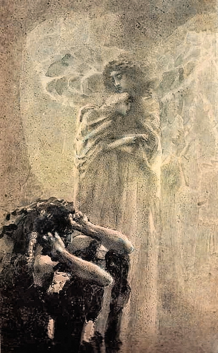 Mikhail Vrubel. Demon and angel with Tamara's soul. Illustration to the poem by Mikhail Lermontov "Demon"