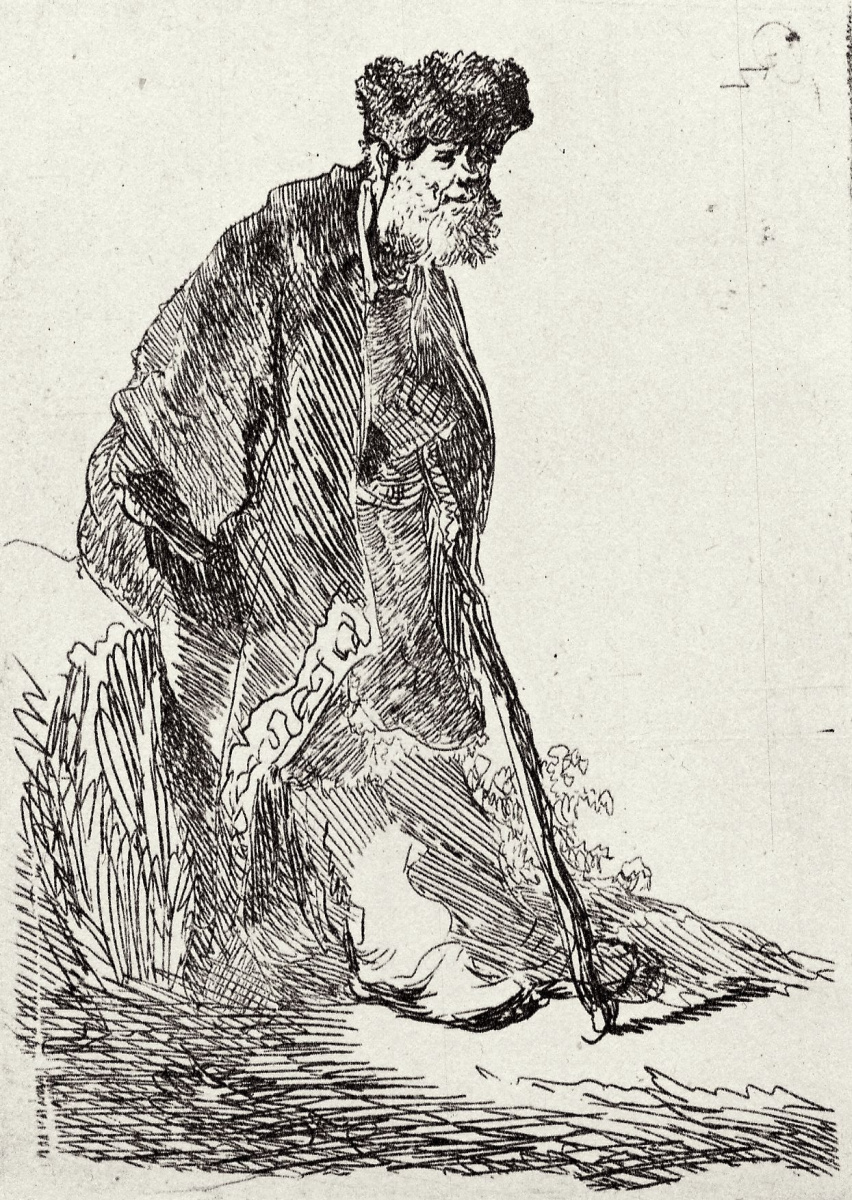 Рембрандт Харменс ван Рейн. Стоящий бородатый старик, опирающийся на палку