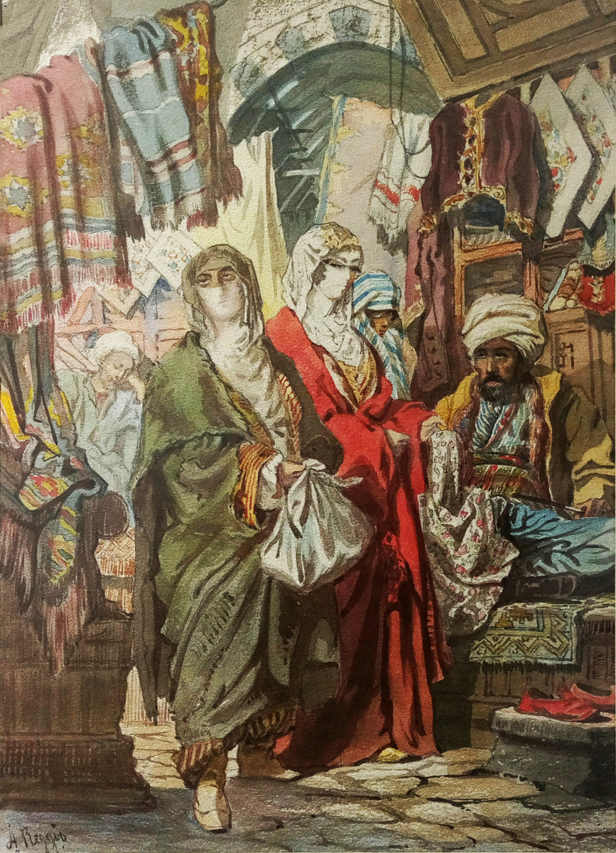 Alexander Nikolaevich Beklemishev (Reggio). Eastern women on the market. Copy of lithograph by A. Preziosi "fabric Market"
