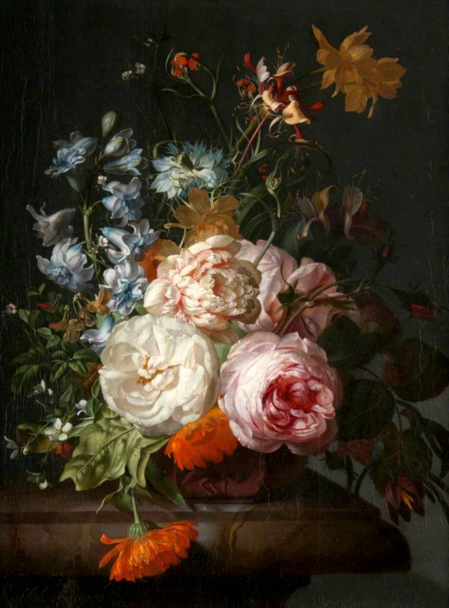 Rachelle Ruysch. Roses, marigolds, hyacinths and other flowers on a marble ledge