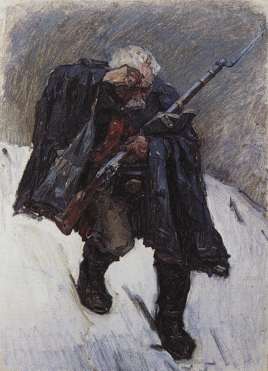 Vasily Surikov. An old soldier, down the slopes of the snow mountains. A sketch for the painting "Suvorov crossing the Alps"