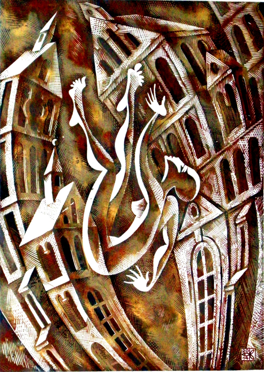 “Adaptación -1”, linograbado, 72 X 50 cm, 2014
