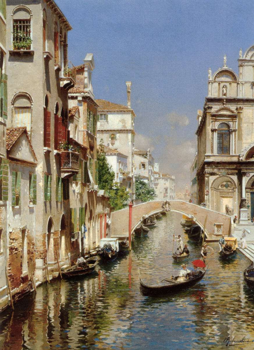 Rubensa Santoro. A Venetian canal with a gondolier