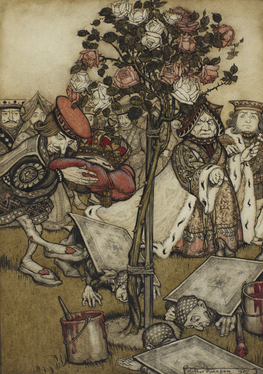 Arthur Rackham. In the rose garden. Illustration for the fairy tale "Alice in Wonderland"