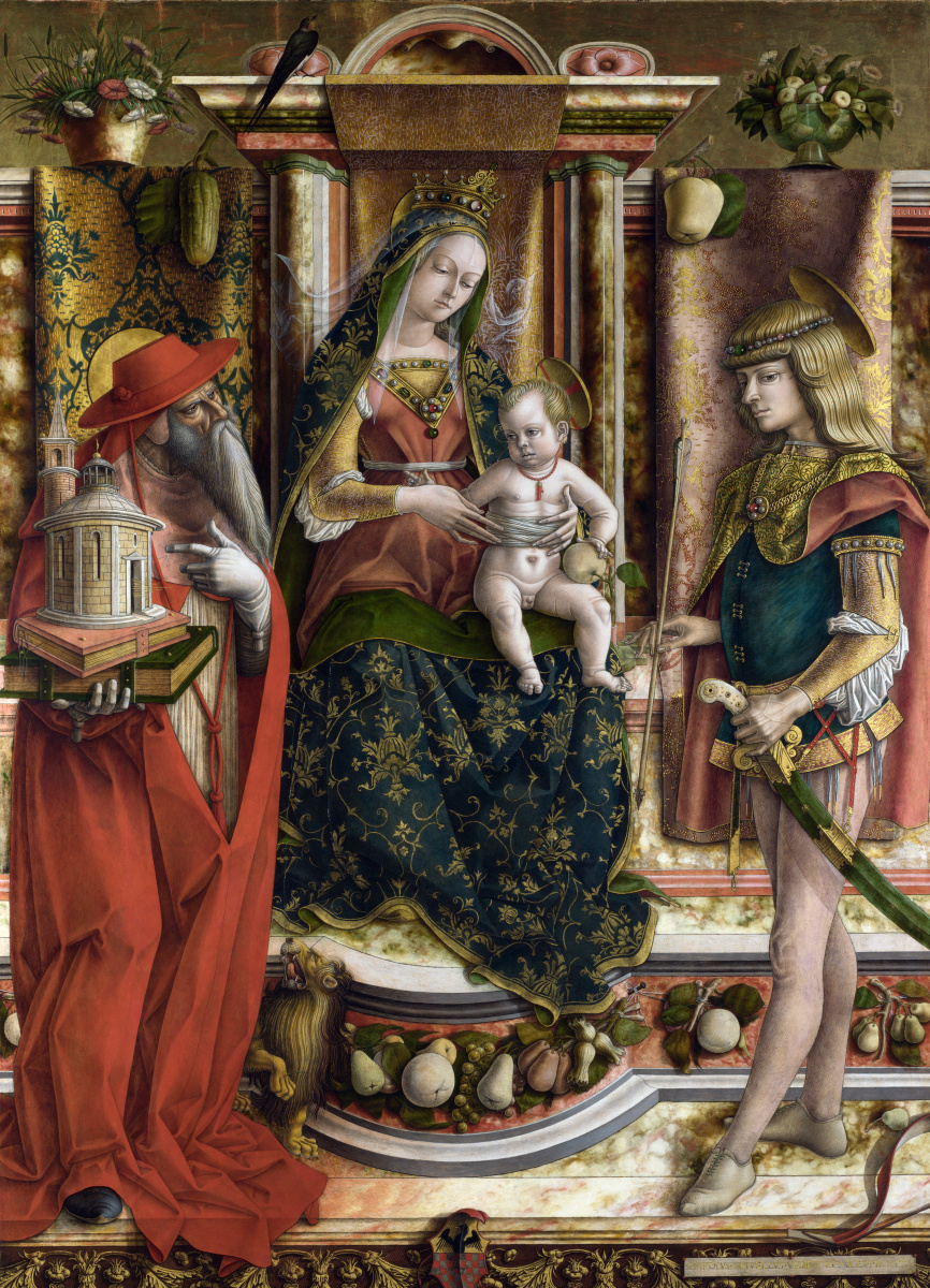 Carlo Crivelli. Mary enthroned, St. Jerome and St. Sebastian. The altar of the family, Odoni, the Central part