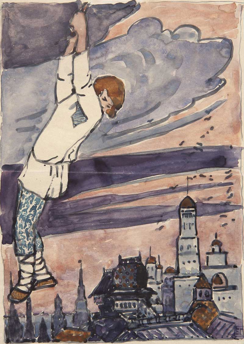 Елена Дмитриевна Поленова. Мальчик висит на облаке. Иллюстрация к сказке "отчего медведь стал куцый"