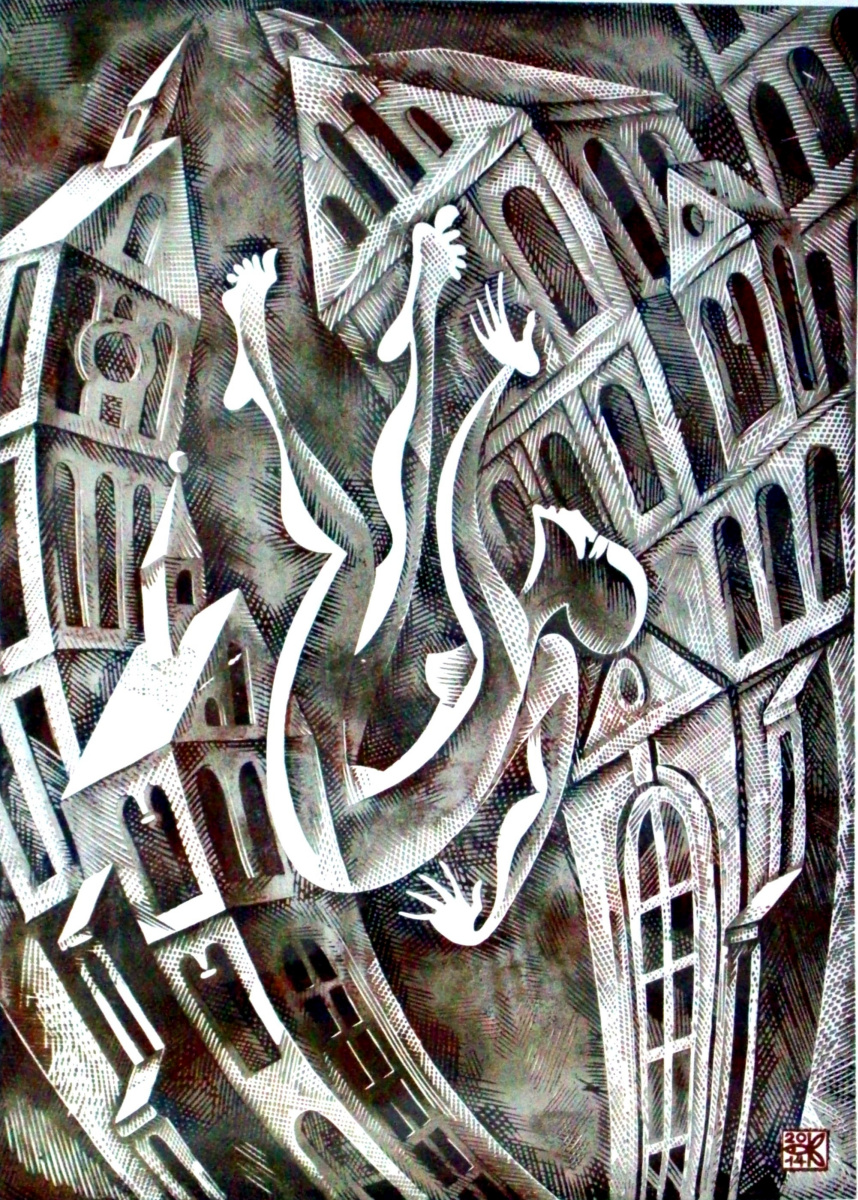Vladimir Kataev. "Adattamento -1", incisione su linoleum, 72 X 50 cm, 2014