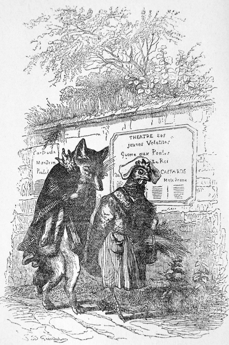 Jean Ignace Isidore Gérard Grandville. Old Fox and a young Hen. Illustrations to the fables of Florian