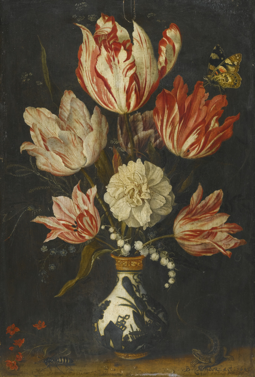 Балтазар ван дер Аст. Натюрморт с пестрыми тюльпанами в вазе и бабочкой