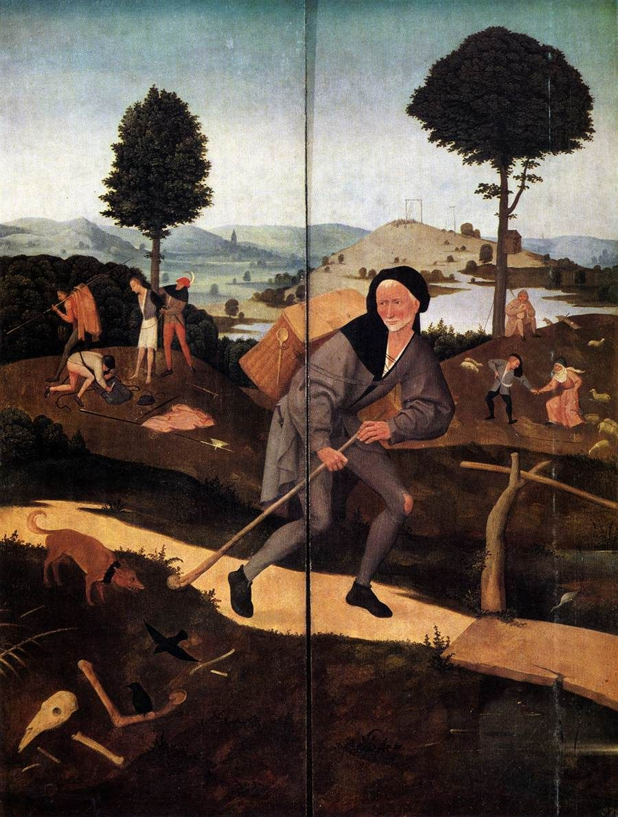 Hieronymus Bosch. The hay-cart. The outer panels of a triptych. The traveler (version from the monastery of El Escorial)