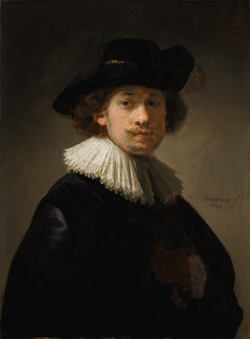 Rembrandt Harmenszoon van Rijn. Autoritratto con collo in pizzo e cappello nero