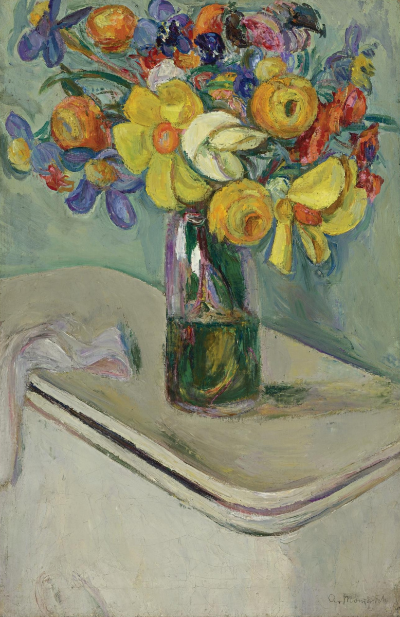 Abram Anshelevich Manevich. Flowers in a glass vase on a box