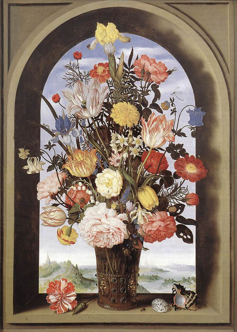 Ambrosius Bosschaert the Elder. Vase with flowers in a window niche