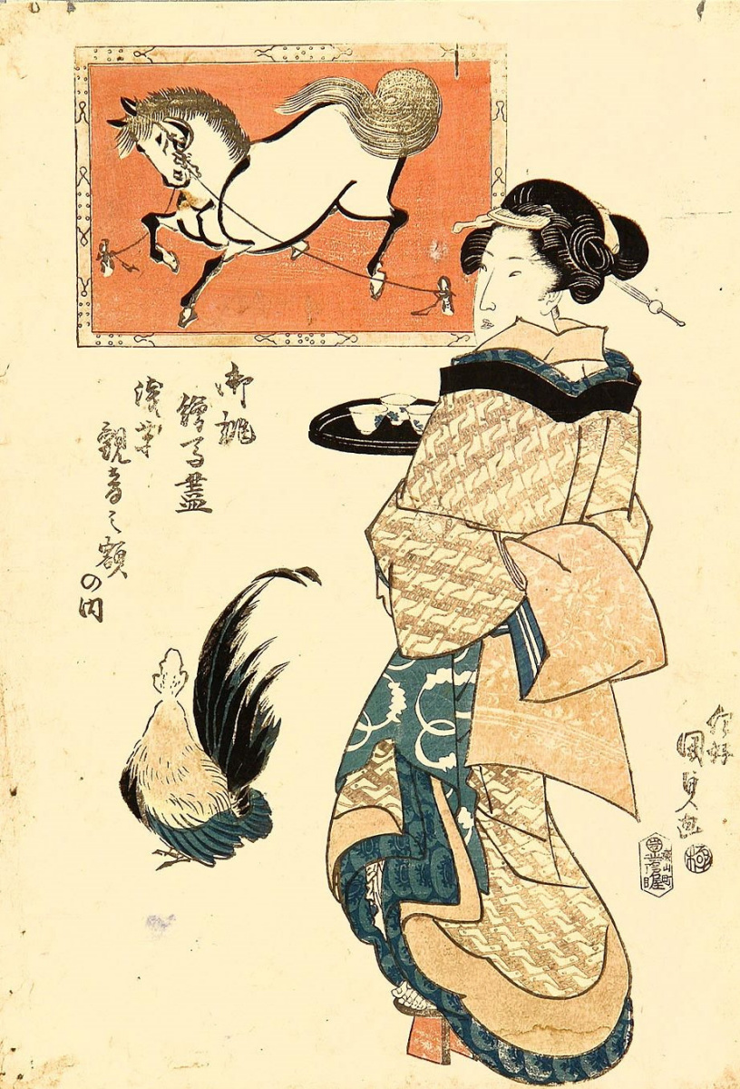 Утагава Кунисада. Женщина с петухом перед изображением лошади