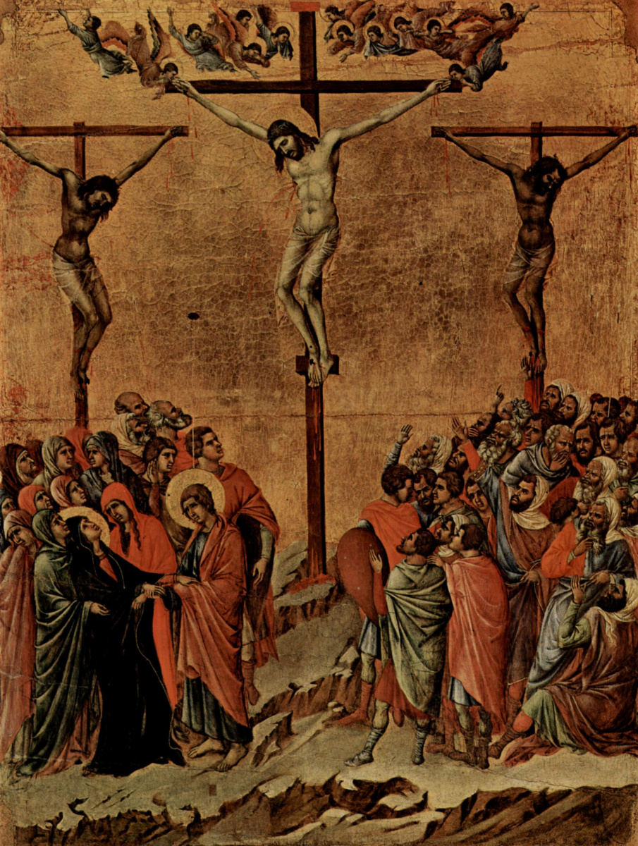 Duccio di Buoninsegna. Maesta, altar of Siena Cathedral, reverse side, Register with scenes of Christ's Passion, Crucifixion