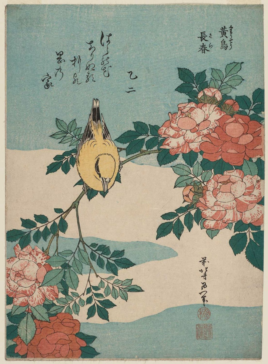 Katsushika Hokusai. Warbler and Roses