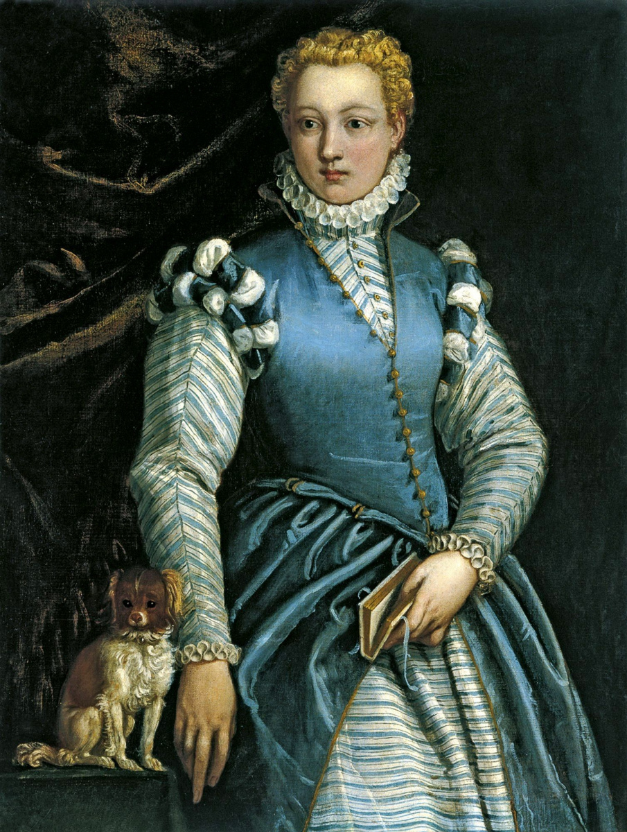 Portrait of a woman with a dog. Isabella Andreini