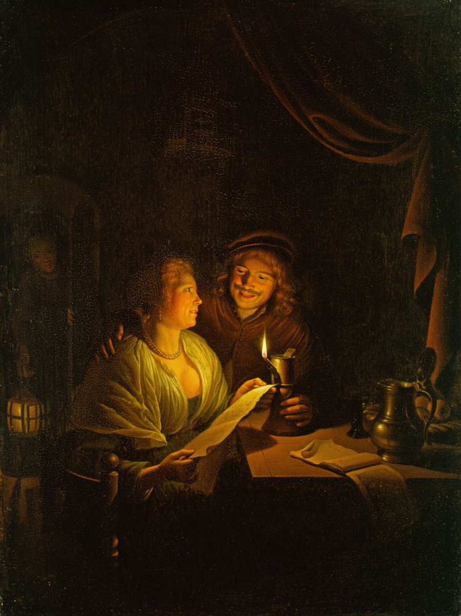 Gerrit (Gerard) Dow. A couple reading by candlelight