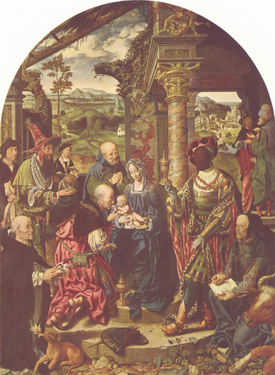 Jos van Kleve. A large adoration of the Magi with St. Dominic and St. Luke