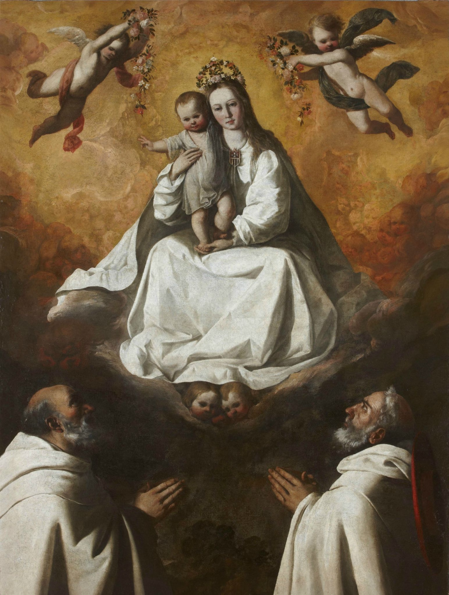 Francisco de Zurbaran. The virgin of mercy with two monks of Mercedarian