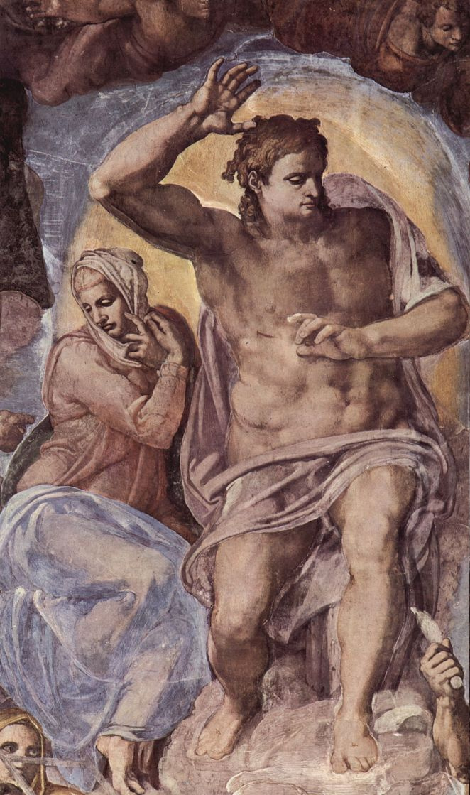 Michelangelo Buonarroti. Last judgment, fresco the altar wall of the Sistine chapel, detail: Christ with Mary