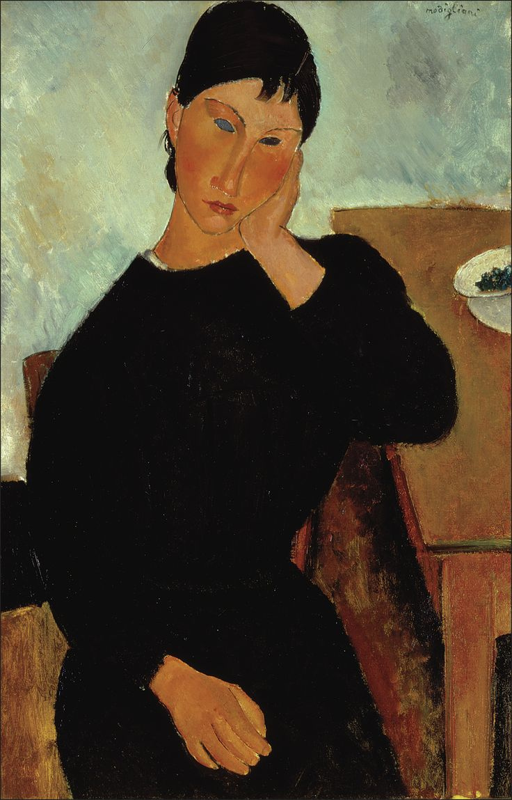 Amedeo Modigliani. 坐在桌子上的埃尔维拉